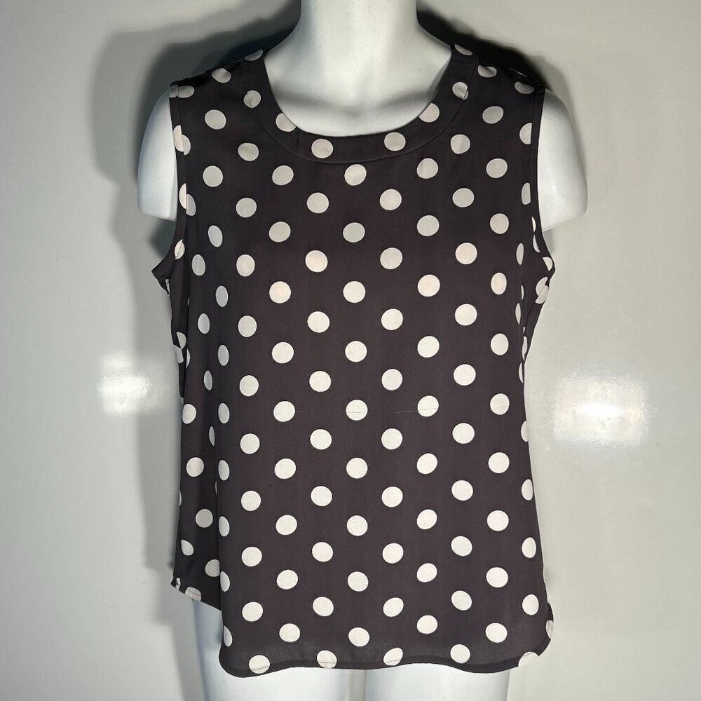 Anne Klein SZ S Silky sleeveless gray & white polka dot top Modern Office Staple
